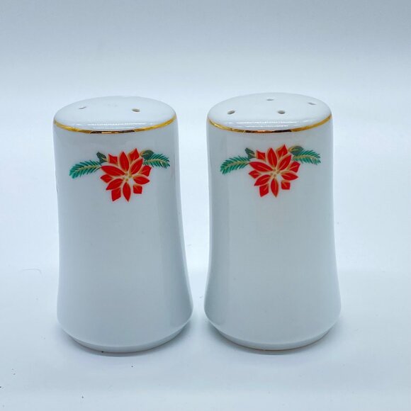 Tienshan/Fairfield Poinsettia & Ribbons Salt Pepper Shakers Festive Holiday - Picture 3 of 8